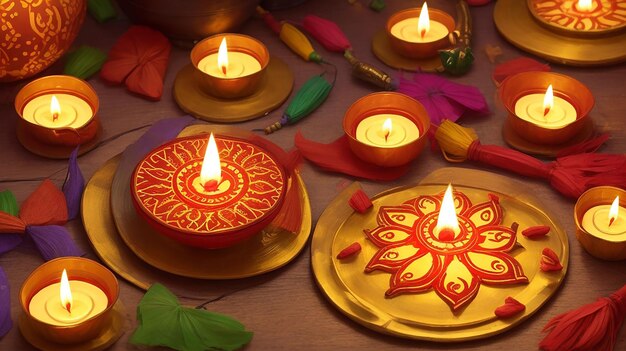Diwali-Festival-Foto, das die Nacht mit Diyas und Rangoli erleuchtet