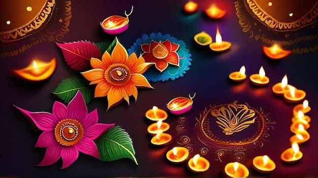 Diwali-Festival-Foto, das die Nacht mit Diyas und Rangoli erleuchtet