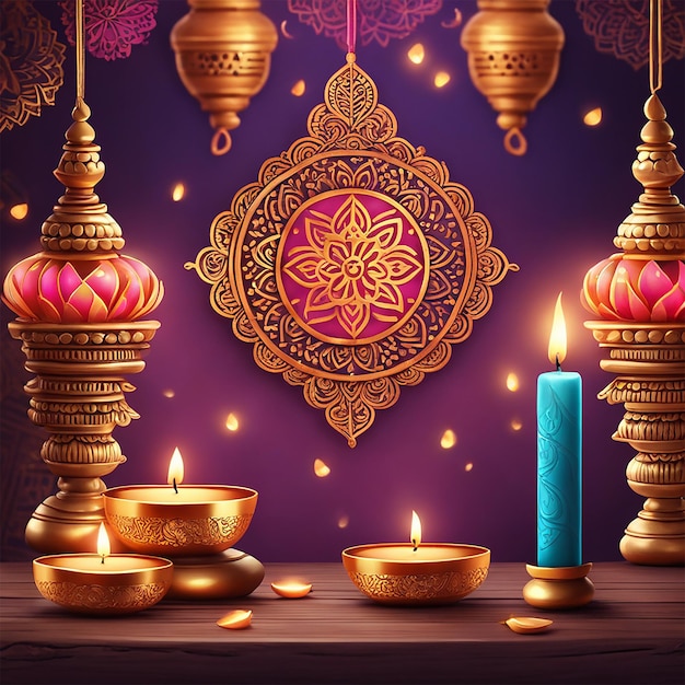 Diwali festival indio fondo iluminación de neón detalle intrincado hoja de oro arte de representación realista