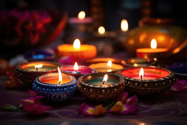 Diwali festival de luces celebración Diya lámparas de aceite con velas encendidas sobre fondo oscuro