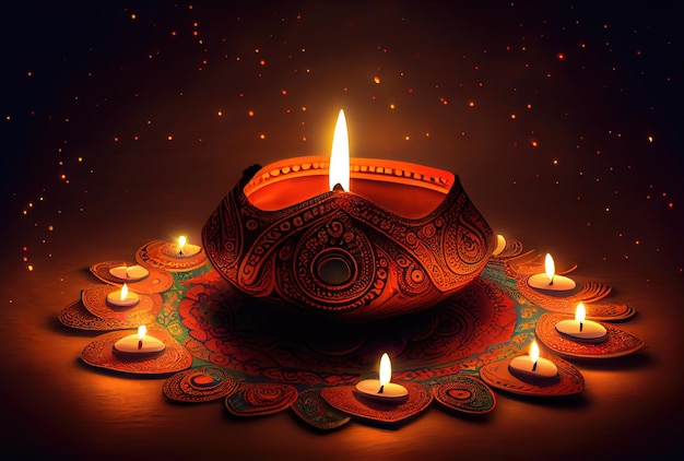 Diwali el festival de las luces linternas de colores con luz de velas en el fondo oscuro Concepto de vacaciones y cultura IA generativa