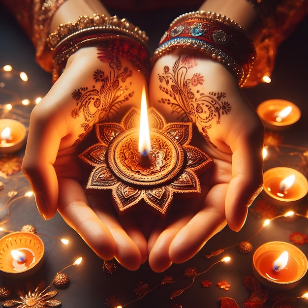 Diwali, el festival de las luces, manos sosteniendo lámparas de aceite indias con tecnología de IA generativa