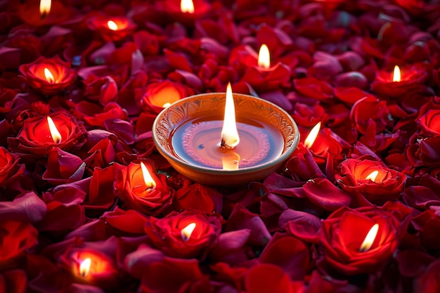 Diwali-Festlichkeit, rote Rose, Rangoli, beleuchtete Ton-Diya-Lampe