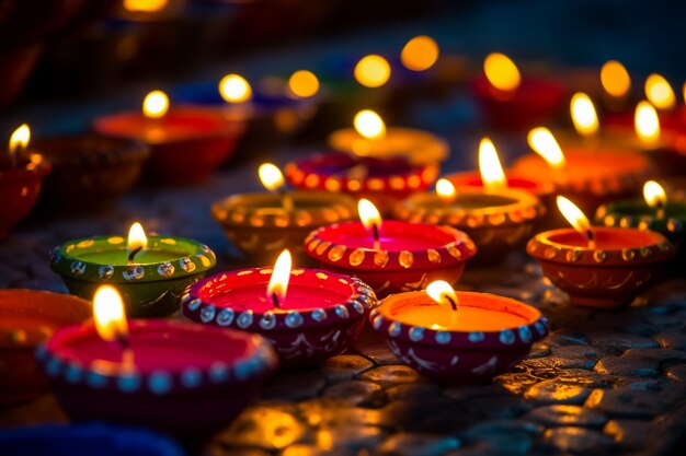 Diwali-Festplakat DIwali-Feiertag glänzender Hintergrund mit Diya-Lampen und Rangoli-Vektorillustrationen