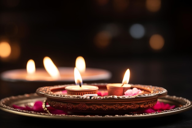 Diwali goldene Öllampen in einem Tablett traditioneller Diwali-Hintergrund