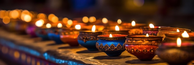 Diwali Hindu Festival der Lichter Feier Brennende Diya-Lampe Nahaufnahme Bokeh-Lichter Hintergrund