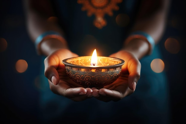 Diwali-Hindu-Lichterfest, Diya-Öllampe, angezündet in Frauenhänden, KI-generierte Illustration