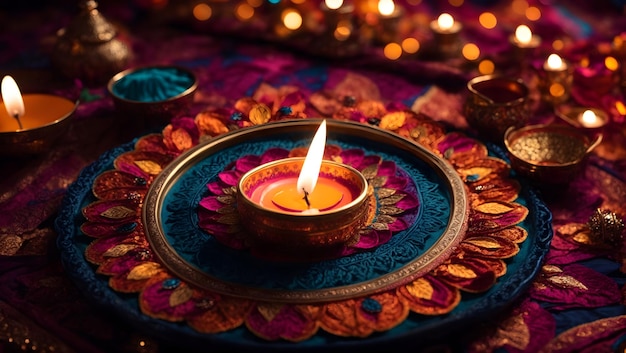 Diwali-Hintergrunddesign mit Diya-Lampe mit einem Kaleidoskop aus Farben und Mustern