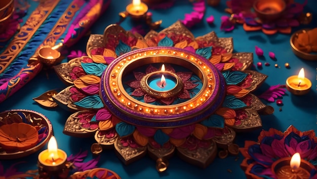 Diwali-Hintergrunddesign mit Diya-Lampe mit einem Kaleidoskop aus Farben und Mustern