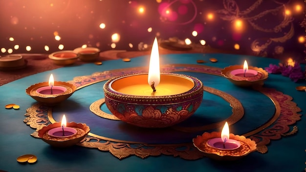 Diwali-Hintergrunddesign mit Diya-Lampe mit einem Kaleidoskop aus Farben und Mustern