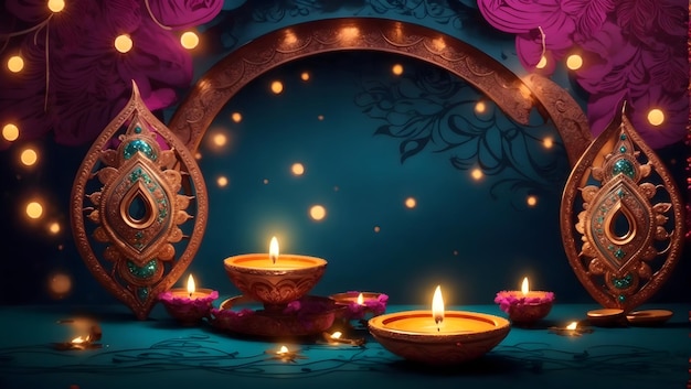 Diwali-Hintergrunddesign mit Diya-Lampe mit einem Kaleidoskop aus Farben und Mustern