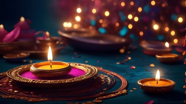 Diwali-Hintergrunddesign mit Diya-Lampe mit einem Kaleidoskop aus Farben und Mustern