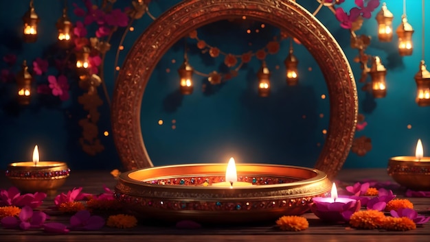 Diwali-Hintergrunddesign mit Diya-Lampe mit einem Kaleidoskop aus Farben und Mustern