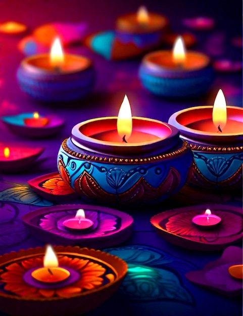 Foto diwali lámparas diya relámpago decoración festival colorido diseño de fondo