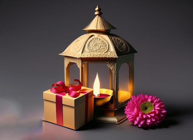 Diwali-Lampen-Geschenkbox und Blumendiwali-Öllampenreihe auf dunklem Hintergrund