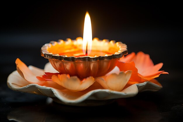 Diwali-Öllampe mit funkelndem Hintergrund mit Blumendekoration