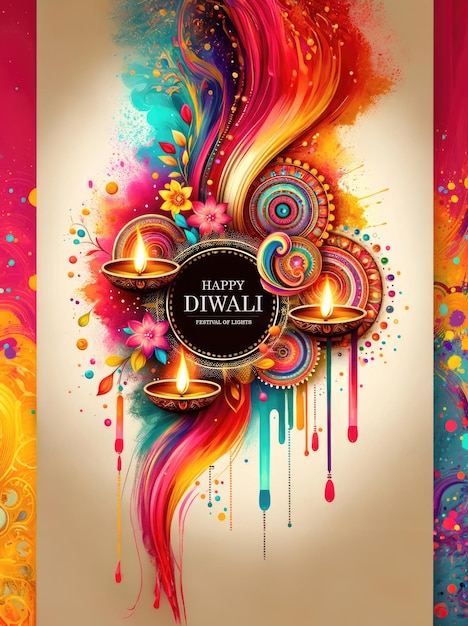 Foto diwali-poster abstraktes porträt, das lebendige farbenspritzungen erfasst, die mit dem warmen glanz der diwali-diyas harmonisiert sind