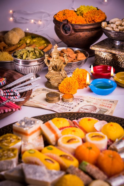 Diwali y preparación para Laxmi o Lakshmi Pooja con elementos como diya, billetes, dulces, flores, bocadillos, haldi y kumkum