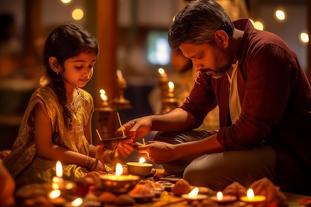 Diwali Puja tradicional en el templo iluminado con velas