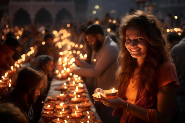 Diwali Puja tradicional en el templo iluminado con velas