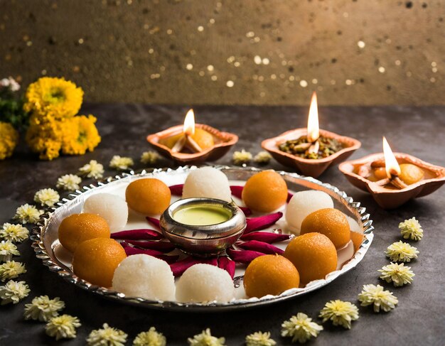 Foto diwali rangoli hecho con flores de lámpara de diyaoil y un plato lleno de gulab jamun rasgulla kaju katli