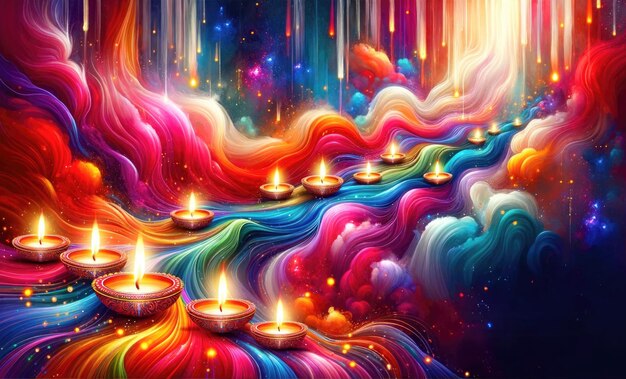 Diwali's Fluid Fantasy Ilustración en acuarela que captura la fluidez de los colores vibrantes que fluyen a través