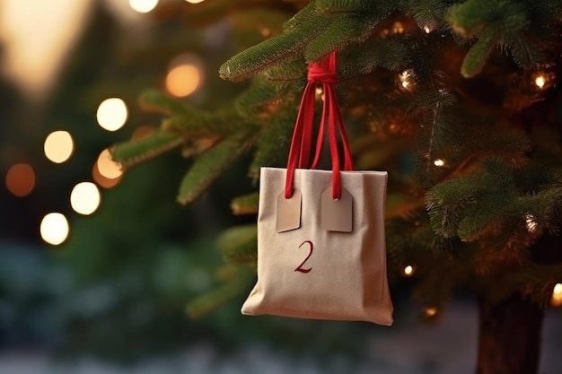 Foto diy-adventskalender aus öko-tasche hängt am weihnachtsbaum nahaufnahme grußkarte generative ki