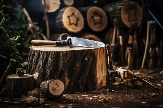 DIY Charme Um close de uma placa feita à mão em uma mesa de madeira rústica emoldurada por toras e um machado