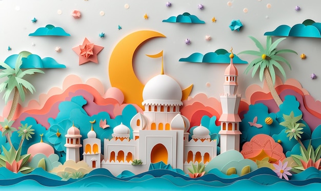 DIY corte de papel Paisagem de bela mesquita de Ramadan Kareem feriado e lua crescente