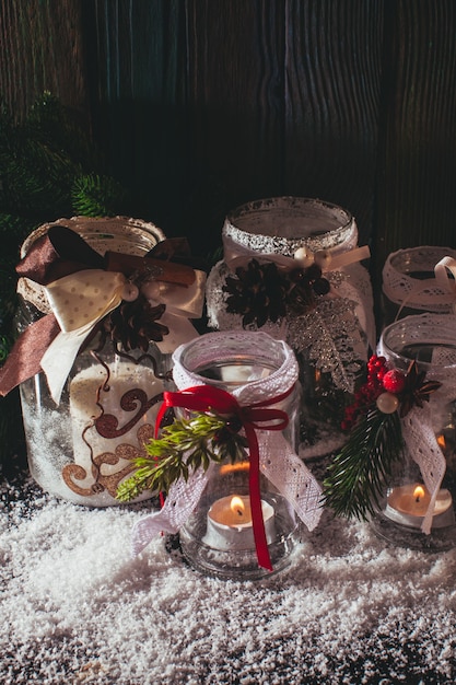 DIY Glaskerzenhalter Weihnachtsdeko mit Spitze und Bändern