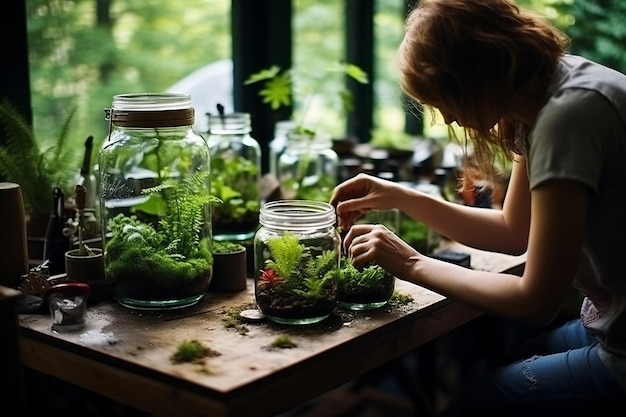 Foto diy-terrarium-workshop mit pflanzen und erde auf dem tisch