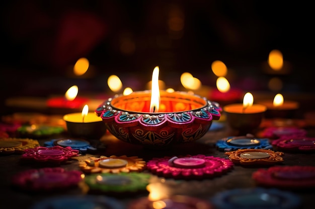 Diya acende lâmpadas em rangoli multicolorido