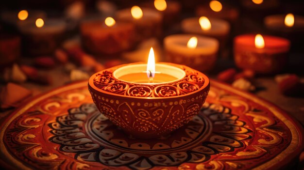 Diya de arcilla iluminada con patrones intrincados para celebrar Diwali