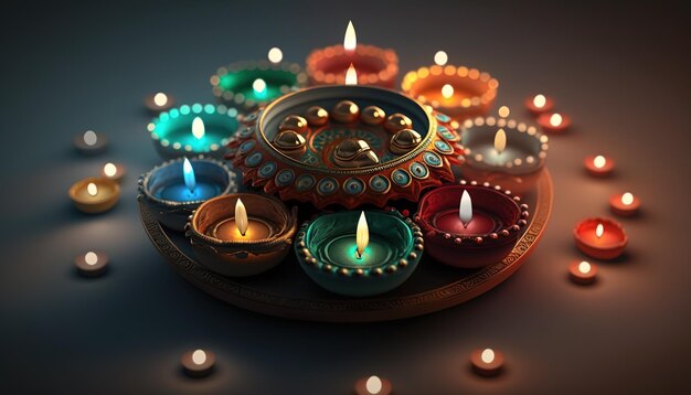 Diya beleuchtete Lampen auf Rangoli Diwali-Feierkonzept Generative KI