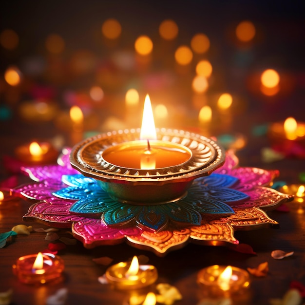 Diya colocada en medio del colorido fondo feliz Diwali de rangoli