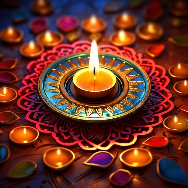 Diya colocada en medio del colorido fondo feliz Diwali de rangoli