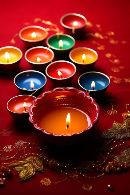 Diya-Grußkarte Fröhliches Deepavali mit rotem Hintergrund