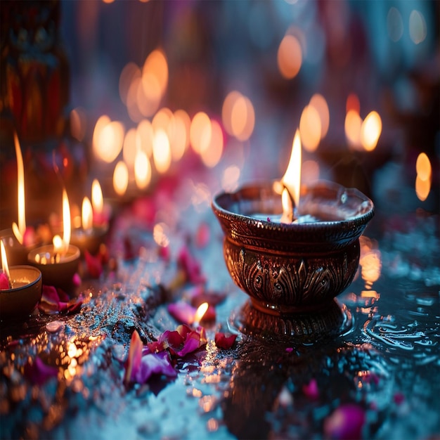 Diya Lamp Aglow at Night Celebrar o alegre festival de Diwali com iluminação de lâmpada de óleo Ai Gene