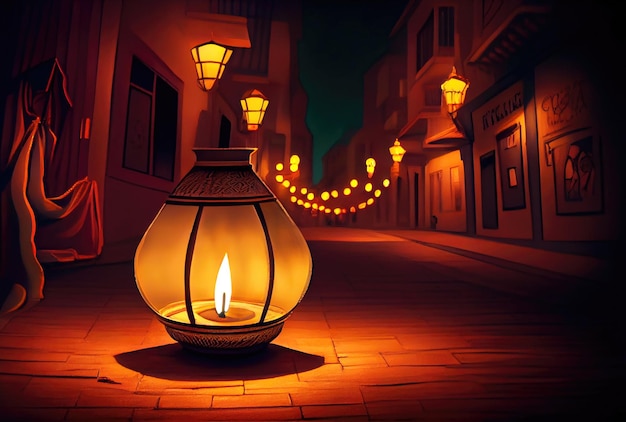Diya-Lampe mit Bokeh-Licht an der Straße in der Innenstadt beim Diwali-Festival Generative KI