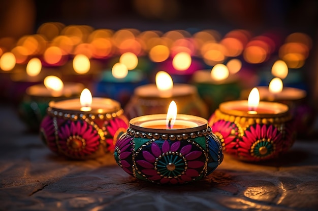Diya-Lampen auf reflektierendem Sockel mit glitzerndem Bokeh