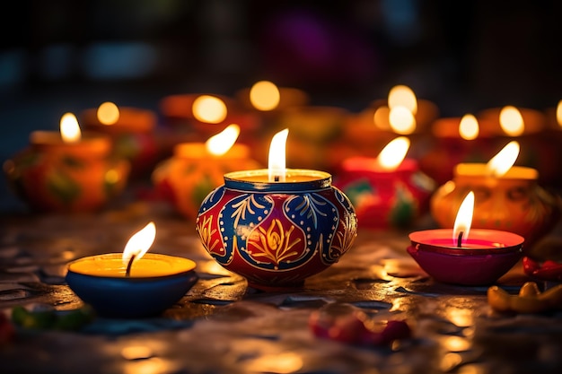 Diya zündet Lampen auf mehrfarbigen Rangoli an