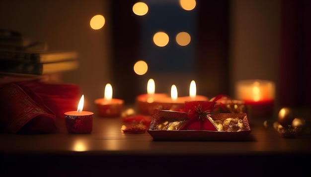 Diyas und Süßigkeiten in der Nähe des Fensters, wunderschöne Diwali-Stimmung mit Bokeh-Effekt