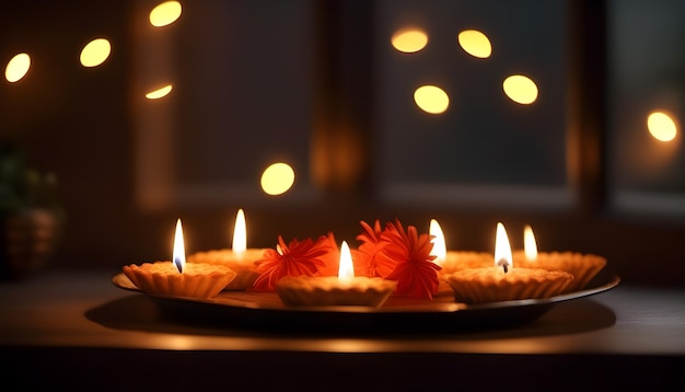 Diyas und Süßigkeiten in der Nähe des Fensters, wunderschöne Diwali-Stimmung mit Bokeh-Effekt