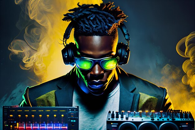 DJ afroamericano profesional en auriculares con mezclador de sonido en discoteca