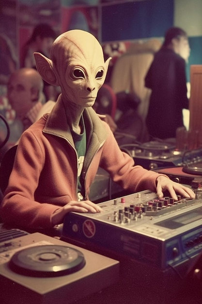 Dj Alien a bordo ilustração estilo vintage ilustração retrofuturismo dos anos 70 gerada por IA