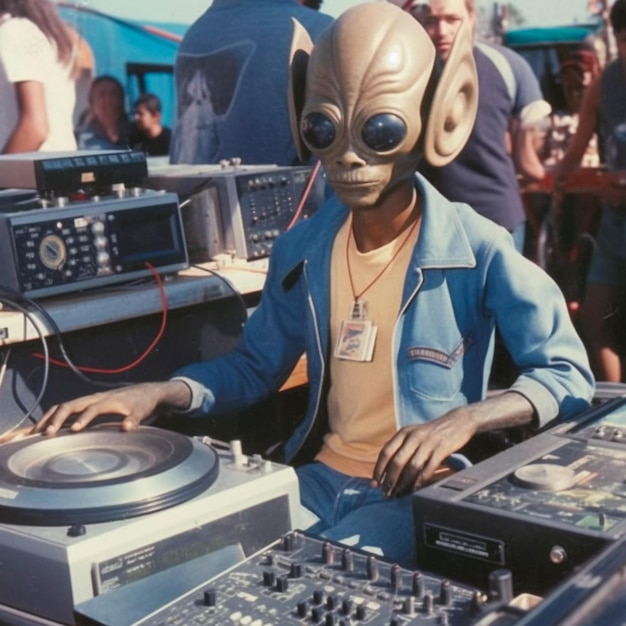 Dj Alien a bordo ilustração estilo vintage ilustração retrofuturismo dos anos 70 gerada por IA