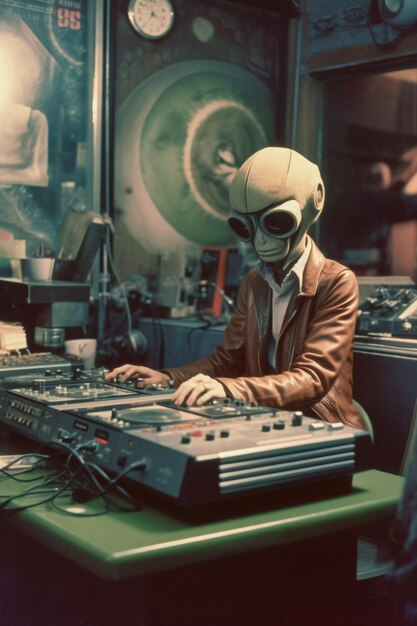 Dj Alien a bordo ilustración de estilo vintage Ilustración retrofuturismo de los años 70 generada por IA