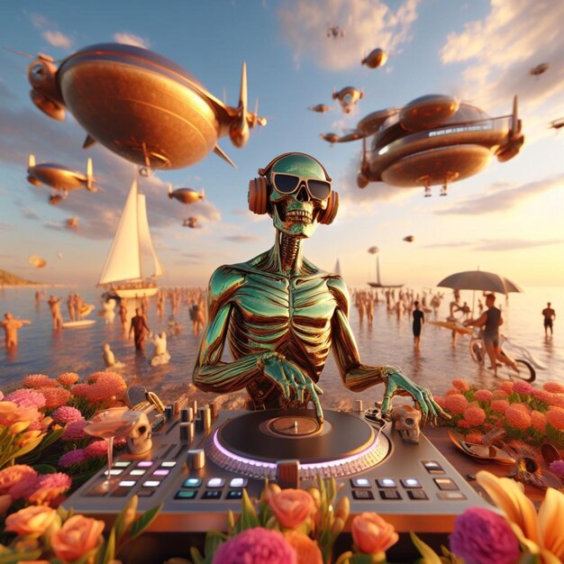 DJ alienígena metálico con cráneo humano con gafas auriculares DJ de fiesta en la playa en una isla tropical