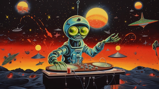 Foto dj alienígena misturando em toca-discos artista extraterrestre gira batidas de outro mundo