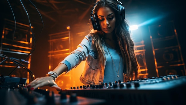 DJ asiática genial está trabajando en un club nocturno de pie en los tocadiscos